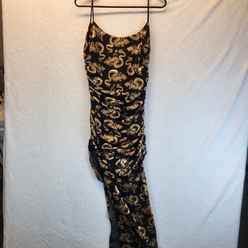Symphony Dress Size Large Black Gold Metallic Dragon Design High Slit